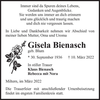 Traueranzeige von Gisela Bienasch (geb. Blum)  von Magdeburger Volksstimme
