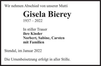 Traueranzeige von Gisela Bierey  von Magdeburger Volksstimme