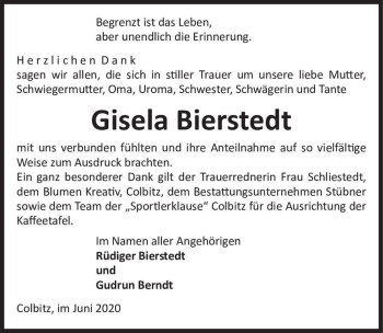 Traueranzeige von Gisela Bierstedt  von Magdeburger Volksstimme