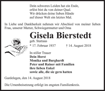 Traueranzeige von Gisela Bierstedt (geb. Stattaus)  von Magdeburger Volksstimme