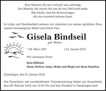Traueranzeige von Gisela Bindseil (geb. Welzer)  von Magdeburger Volksstimme