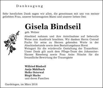 Traueranzeige von Gisela Bindseil (geb. Welzer)  von Magdeburger Volksstimme