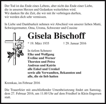Traueranzeige von Gisela Bischoff  von Magdeburger Volksstimme