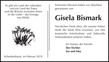 Traueranzeige von Gisela Bismark  von Magdeburger Volksstimme