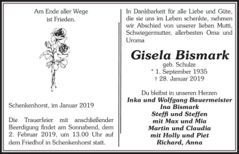 Traueranzeige von Gisela Bismark (geb. Schulze)  von Magdeburger Volksstimme