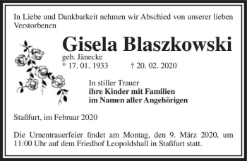 Traueranzeige von Gisela Blaszkowski (geb. Jänecke)  von Magdeburger Volksstimme