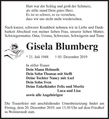 Traueranzeige von Gisela Blumberg  von Magdeburger Volksstimme