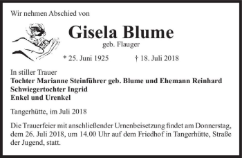 Traueranzeige von Gisela Blume (geb. Flauger)  von Magdeburger Volksstimme