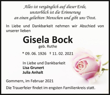 Traueranzeige von Gisela Bock (geb. Ruthe)  von Magdeburger Volksstimme