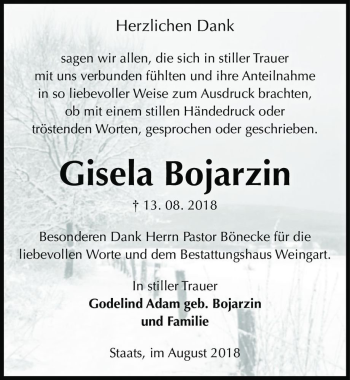Traueranzeige von Gisela Bojarzin  von Magdeburger Volksstimme