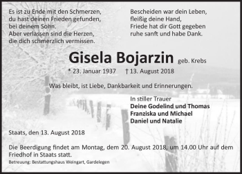 Traueranzeige von Gisela Bojarzin (geb. Krebs)  von Magdeburger Volksstimme