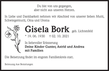 Traueranzeige von Gisela Bork (geb. Lichtenfeld)  von Magdeburger Volksstimme