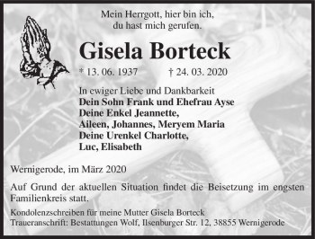 Traueranzeige von Gisela Borteck  von Magdeburger Volksstimme
