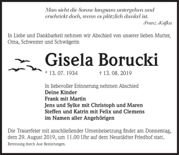 Traueranzeige von Gisela Borucki  von Magdeburger Volksstimme