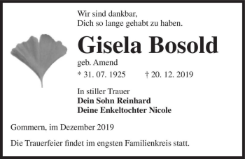Traueranzeige von Gisela Bosold (geb. Amend)  von Magdeburger Volksstimme