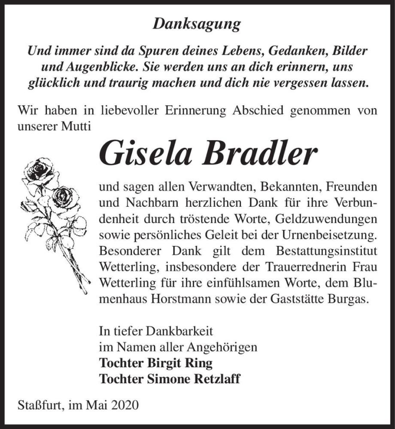  Traueranzeige für Gisela Bradler  vom 23.05.2020 aus Magdeburger Volksstimme