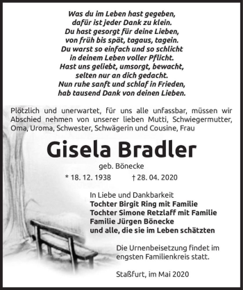 Traueranzeige von Gisela Bradler (geb. Bönecke)  von Magdeburger Volksstimme