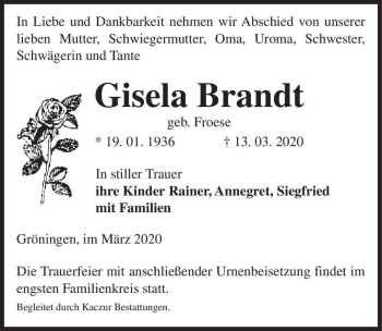 Traueranzeige von Gisela Brandt (geb. Froese)  von Magdeburger Volksstimme