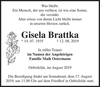 Traueranzeige von Gisela Brattka  von Magdeburger Volksstimme
