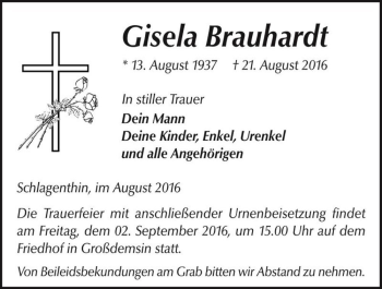 Traueranzeige von Gisela Brauhardt  von Magdeburger Volksstimme