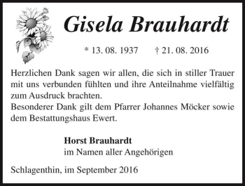 Traueranzeige von Gisela Brauhardt  von Magdeburger Volksstimme