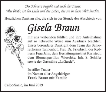 Traueranzeige von Gisela Braun  von Magdeburger Volksstimme