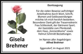 Traueranzeige von Gisela Brehmer  von Magdeburger Volksstimme