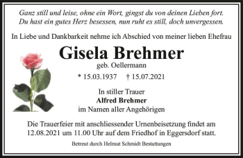 Traueranzeige von Gisela Brehmer (geb. Oellermann)  von Magdeburger Volksstimme