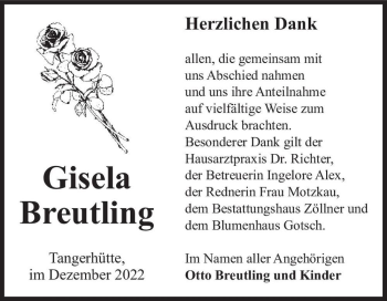 Traueranzeige von Gisela Breutling  von Magdeburger Volksstimme