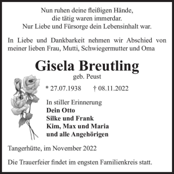 Traueranzeige von Gisela Breutling (geb. Peust)  von Magdeburger Volksstimme