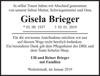 Traueranzeige von Gisela Brieger  von Magdeburger Volksstimme