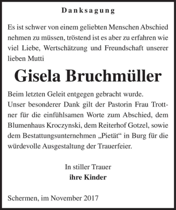 Traueranzeige von Gisela Bruchmüller  von Magdeburger Volksstimme