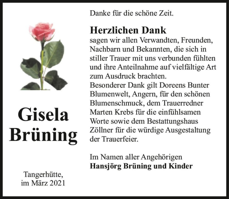  Traueranzeige für Gisela Brüning  vom 10.04.2021 aus Magdeburger Volksstimme