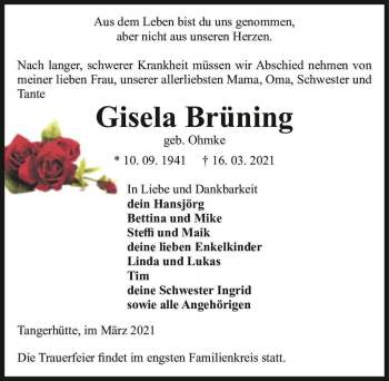 Traueranzeige von Gisela Brüning (geb. Ohmke)  von Magdeburger Volksstimme