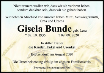 Traueranzeige von Gisela Bunde (geb. Lenz)  von Magdeburger Volksstimme