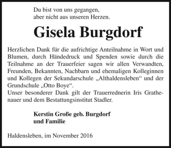 Traueranzeige von Gisela Burgdorf  von Magdeburger Volksstimme