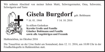 Traueranzeige von Gisela Burgdorf (geb. Bohlmann)  von Magdeburger Volksstimme