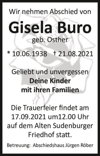 Traueranzeige von Gisela Buro (geb. Osther)  von Magdeburger Volksstimme