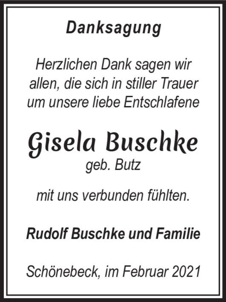  Traueranzeige für Gisela Buschke (geb. Butz)  vom 13.02.2021 aus Magdeburger Volksstimme