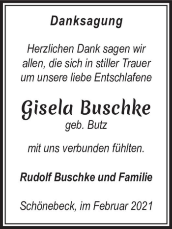 Traueranzeige von Gisela Buschke (geb. Butz)  von Magdeburger Volksstimme