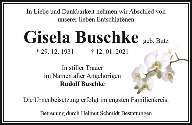  Traueranzeige für Gisela Buschke (geb. Butz)  vom 16.01.2021 aus Magdeburger Volksstimme