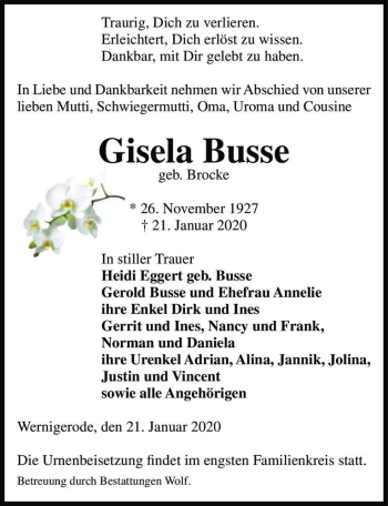 Traueranzeige von Gisela Busse (geb. Brocke)  von Magdeburger Volksstimme