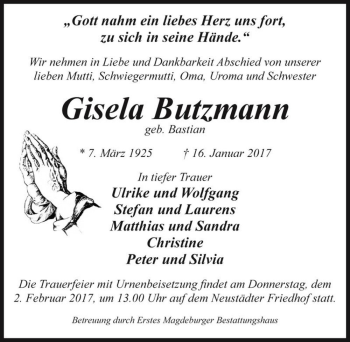 Traueranzeige von Gisela Butzmann (geb. Bastian)  von Magdeburger Volksstimme