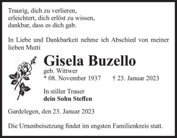 Traueranzeige von Gisela Buzello (geb. Wittwer)  von Magdeburger Volksstimme
