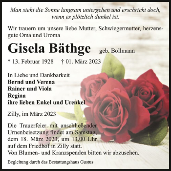Traueranzeige von Gisela Bäthge (geb. Bollmann)  von Magdeburger Volksstimme