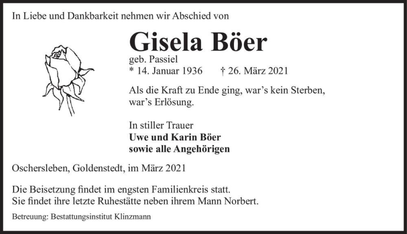  Traueranzeige für Gisela Böer (geb. Passiel)  vom 03.04.2021 aus Magdeburger Volksstimme