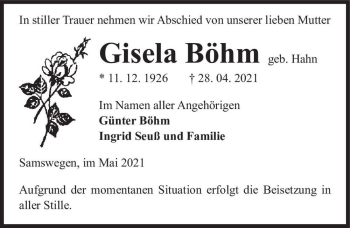 Traueranzeige von Gisela Böhm (geb. Hahn)  von Magdeburger Volksstimme