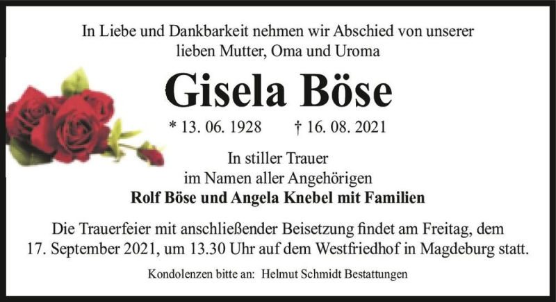  Traueranzeige für Gisela Böse  vom 28.08.2021 aus Magdeburger Volksstimme