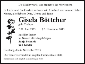 Traueranzeige von Gisela Böttcher (geb. Chalupa)  von Magdeburger Volksstimme