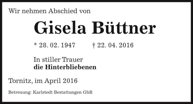  Traueranzeige für Gisela Büttner  vom 30.04.2016 aus Magdeburger Volksstimme